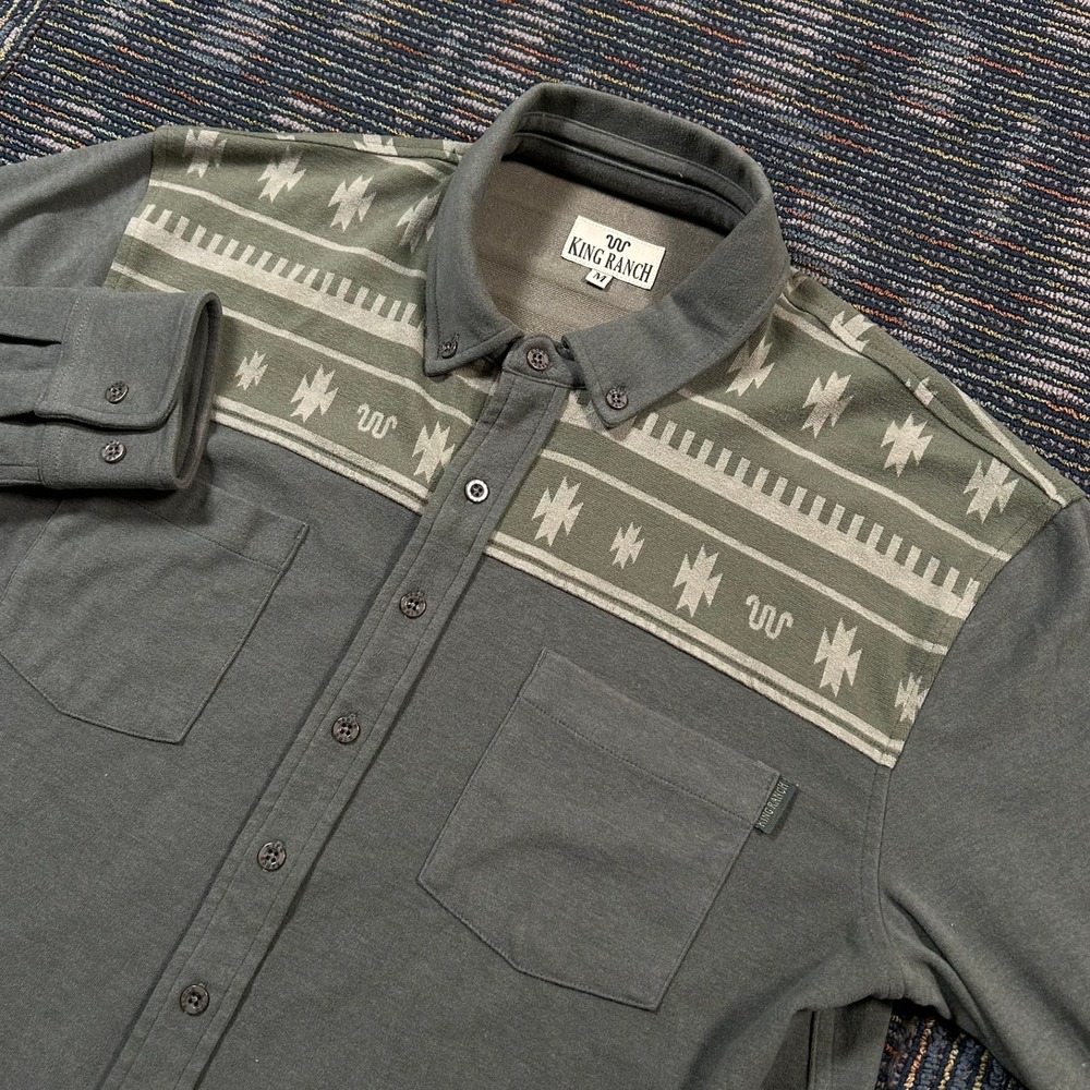 King Ranch Button Down Shirt Medium Green Southwestern Aztec Knit Long Sleeve